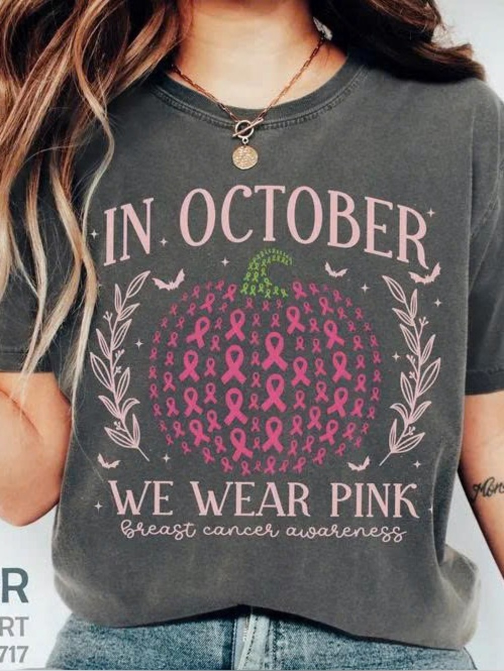 Breast Cancer Awareness 'In October We Wear Pink' Graphic Tee - Charcoal/Pink